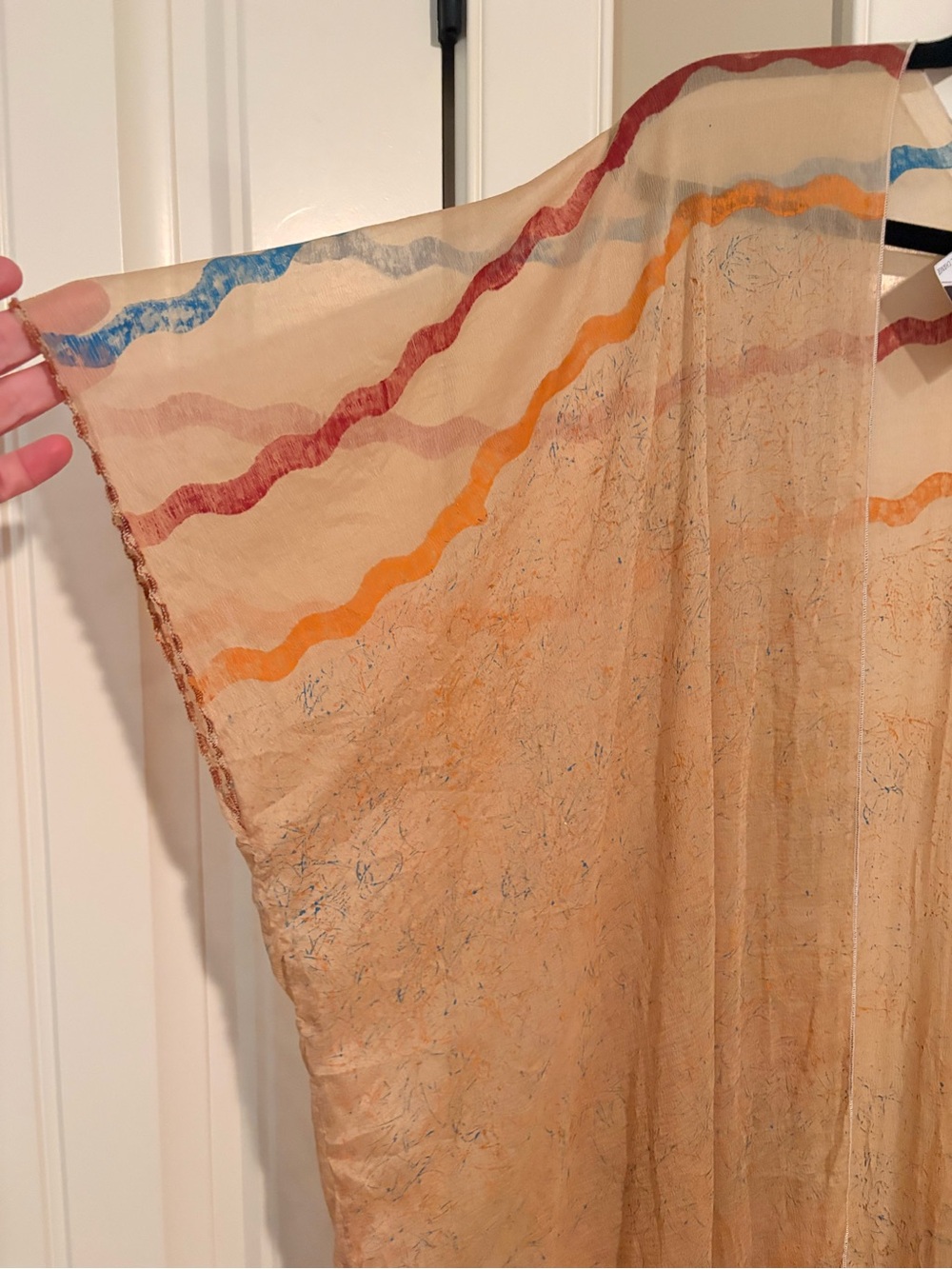 Green Bean Sheer Beige Kimono Cover-Up with Multicolor Wave Trim O/S - Picture 6 of 9
